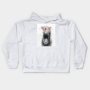 Icelandic Horse Portrait with Flowers, black and white Kids Hoodie